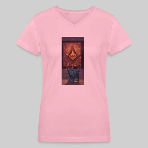 666 Three Eyed Satanic Kitten with Stained Glass - Women's V-Neck T-Shirt