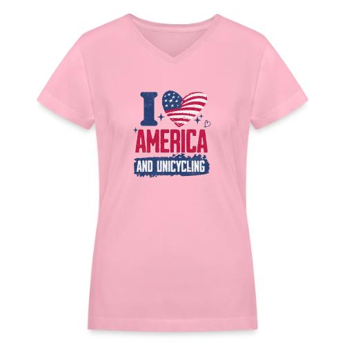 I Love America And Unicycling - Women's V-Neck T-Shirt