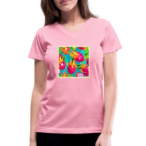 Vibrant Dragoon Fruit Pattern - Women's V-Neck T-Shirt