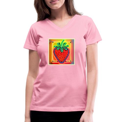 Colorful Strawberry Neon Glow - Women's V-Neck T-Shirt