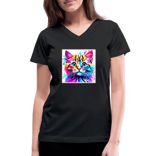 Vivid Kitty Vibes Design - Women's V-Neck T-Shirt