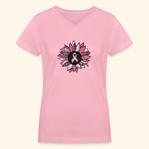 Leopard Sunflower Breast Cancer T-shirt For Women - Women's V-Neck T-Shirt