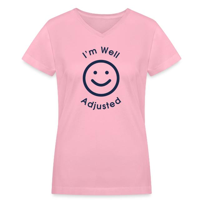 I'm Well Adjusted logo on a women's V-neck tee
