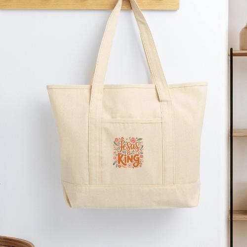 Jesus Is King – Floral Christian Typography Design - Large Canvas Deluxe Tote