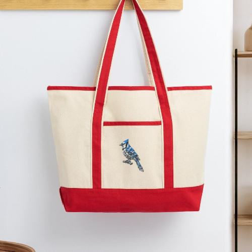 Silver Blue Jay on Perch - Large Canvas Deluxe Tote