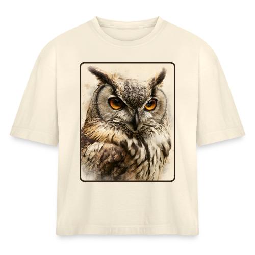 Great Horned Owl Watercolor Design - Women's Heavyweight Cropped T-Shirt