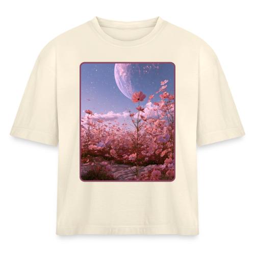 Cosmic Moon & Cosmos Flowers Art - Women's Heavyweight Cropped T-Shirt