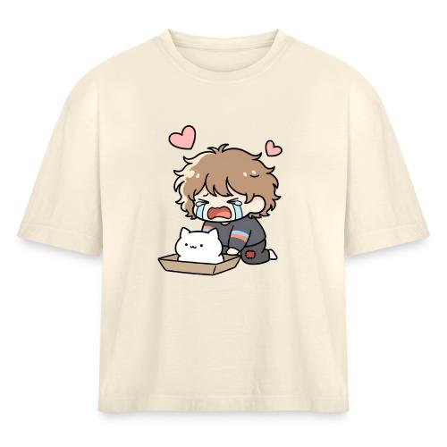 Crying Chibi Boy with Stray Cat - Women's Heavyweight Cropped T-Shirt