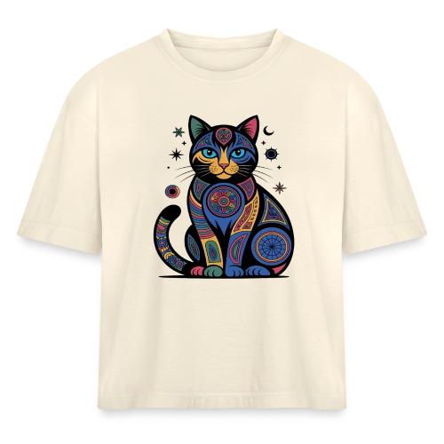 Vibrant Geometric Cat Mandala - Women's Heavyweight Cropped T-Shirt