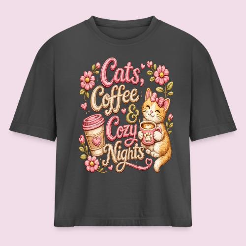 Cats, Coffee & Cozy Nights Faux Stitched Design - Women's Heavyweight Cropped T-Shirt