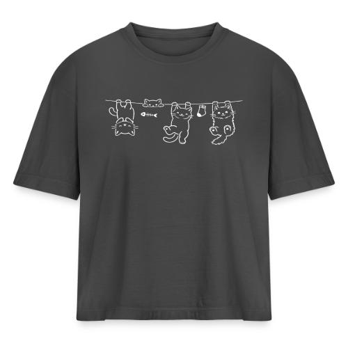 Minimalist Hanging Cats Line Art - Cute Kittens - Women's Heavyweight Cropped T-Shirt