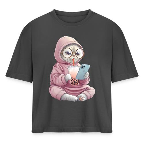 Cool Cat Bubble Tea Cartoon Design - Women's Heavyweight Cropped T-Shirt