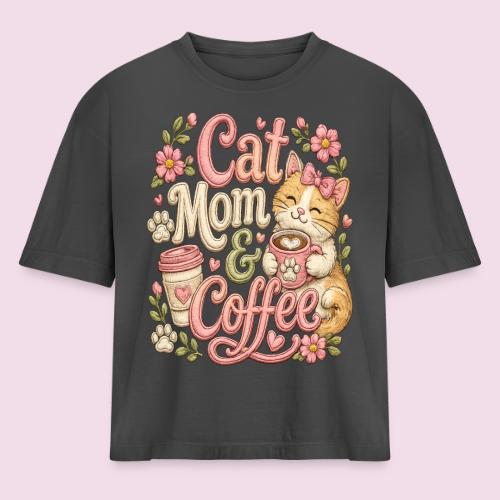 Cat Mom & Coffee Faux Stitched Cat Lover Design - Women's Heavyweight Cropped T-Shirt