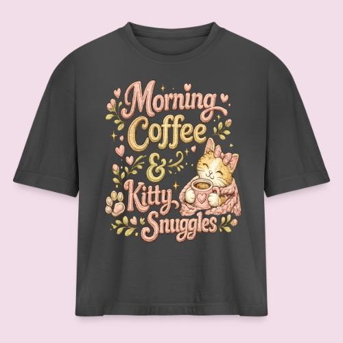 Morning Coffee & Kitty Snuggles Faux Stitched - Women's Heavyweight Cropped T-Shirt