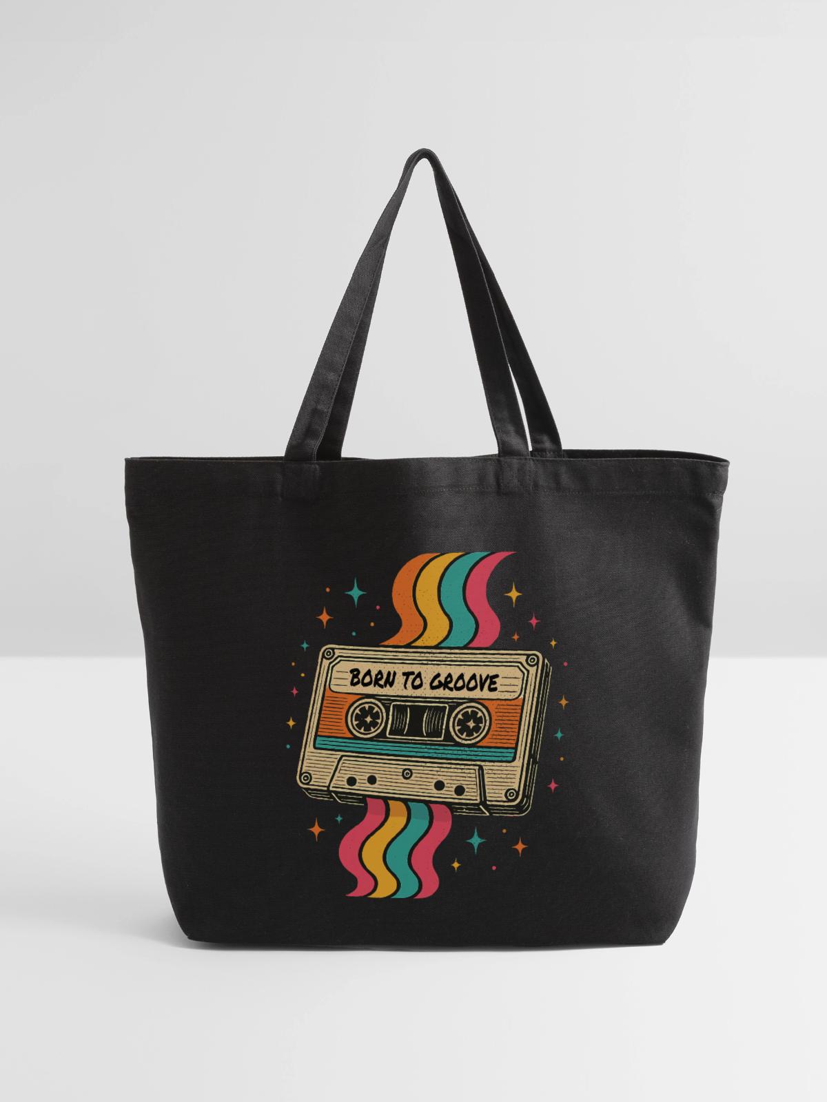 Vintage Boho Cassette Tape Design - Eco-Friendly Cotton Tote - black - Front