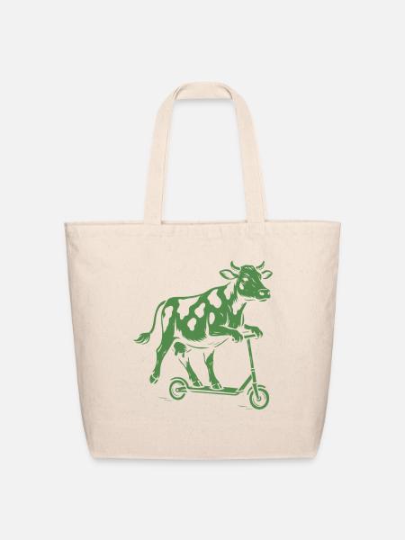 Funny Cow Riding Scooter Retro Animal Design - Eco-Friendly Cotton Tote - natural