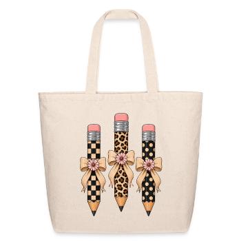 Preppy Leopard Pencil Bow Coquette Teacher - Eco-Friendly Cotton Tote - natural - Front