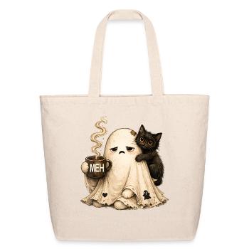 Meh Ghost Cat Funny Halloween Coffee Lover - Eco-Friendly Cotton Tote - natural - Front