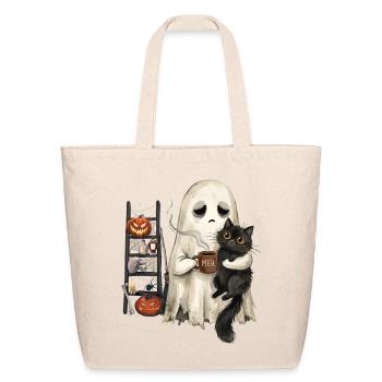 Funny Meh Ghost Cat Spooky Black Cat Halloween  - Eco-Friendly Cotton Tote - natural - Front