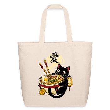 Kawaii Black Cat Eating Ramen Noodles - Eco-Friendly Cotton Tote - natural - Front