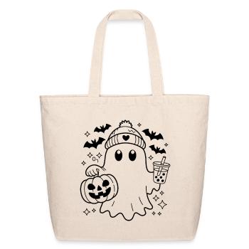 Cute Halloween Ghost with Pumpkin & Bubble Tea  - Eco-Friendly Cotton Tote - natural - Front