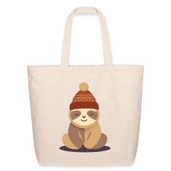Cozy Sloth in Winter Knit Hat - Eco-Friendly Cotton Tote - natural - Front
