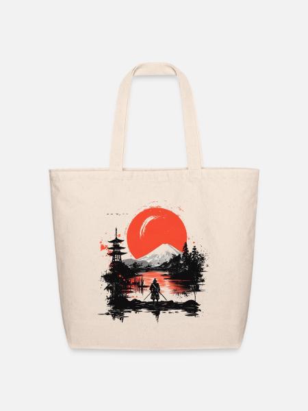 Samurai at Sunset Fuji Lake - Eco-Friendly Cotton Tote - natural