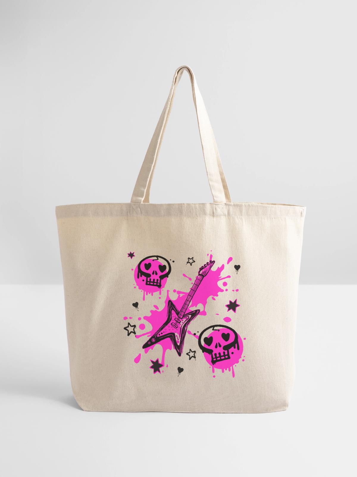 Neon Skull Guitar Splash - Eco-Friendly Cotton Tote - natural - Front