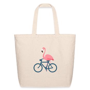 Flamingo Riding A Bicycle Funny Lovely Pink Bird - Eco-Friendly Cotton Tote - natural - Front