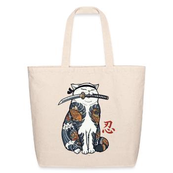 Cute Japanese Samurai Cat Katana Ninja Art - Eco-Friendly Cotton Tote - natural - Front