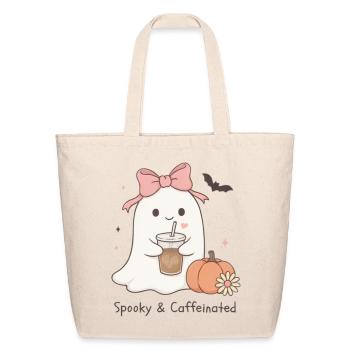 Spooky & Caffeinated – Cute Pink Bow Ghost Coffee  - Eco-Friendly Cotton Tote - natural - Front