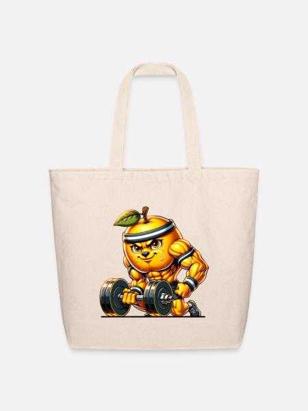 Strong Orange Lifting Dumbbells Fitness Cartoon - Eco-Friendly Cotton Tote - natural
