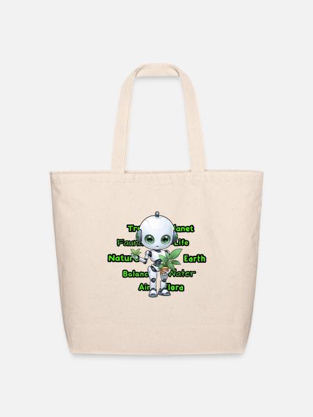 Adorable Robot Girl Holding a Plant – Eco Friendly - Eco-Friendly Cotton Tote - natural
