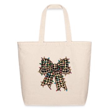 Festive Checkerboard Bow with Holiday Lights - Eco-Friendly Cotton Tote - natural - Front