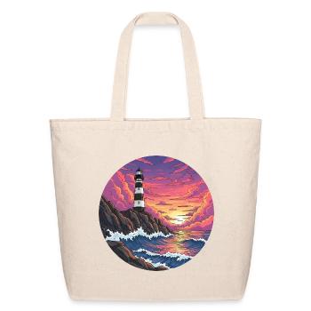 Comic lighthouse sea surf sunset beach - Eco-Friendly Cotton Tote - natural - Front
