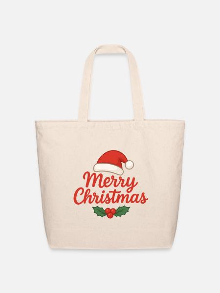 Merry Christmas Script with Santa Hat - Eco-Friendly Cotton Tote - natural