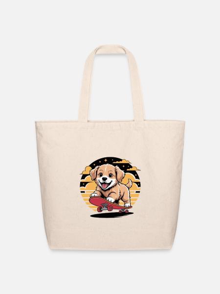 Retro Sunset Golden Retriever Puppy Skateboarding - Eco-Friendly Cotton Tote - natural
