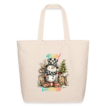 Checkerboard Snowman Christmas Tee - Eco-Friendly Cotton Tote - natural - Front