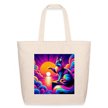 Neon Sunset Cat on Prism Peak - Eco-Friendly Cotton Tote - natural - Front
