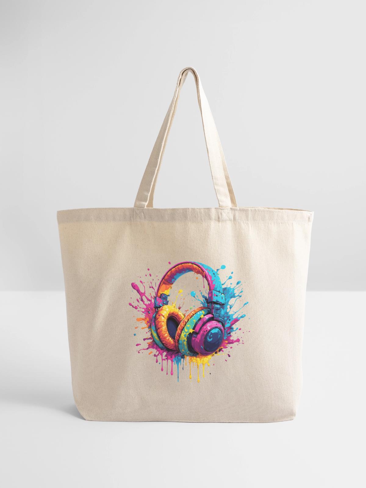 Neon Splash Headphones Art - Eco-Friendly Cotton Tote - natural - Front