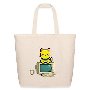 Pixel Cat on Retro Computer - Eco-Friendly Cotton Tote - natural - Front