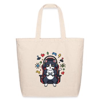 Gamer Cat in Chair with Headset - Eco-Friendly Cotton Tote - natural - Front