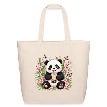 Panda Bubble Tea in Blossom Garden - Eco-Friendly Cotton Tote - natural - Front