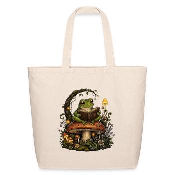 Whimsical Frog Reading on Mystic Mushroom - Eco-Friendly Cotton Tote - natural - Front