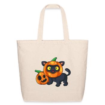 Cute Halloween Black Cat Pumpkin Vector Art - Eco-Friendly Cotton Tote - natural - Front
