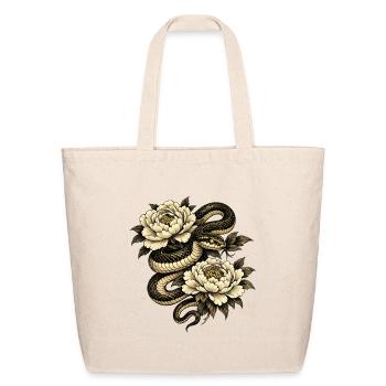 Gold-ink Snake Wrapped Around Peonies - Eco-Friendly Cotton Tote - natural - Front