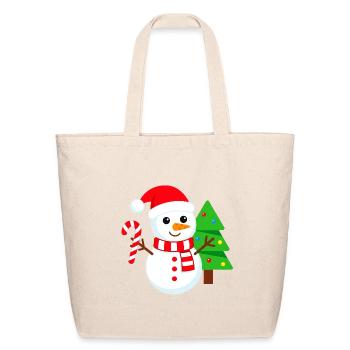 Snowman with Santa Hat and Tree - Eco-Friendly Cotton Tote - natural - Front