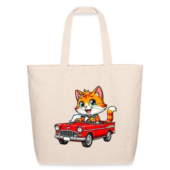 Cute Orange Tabby Cat Driving a Red Vintage Conver - Eco-Friendly Cotton Tote - natural - Front