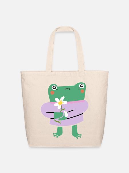Shy Frog with Flower - Eco-Friendly Cotton Tote - natural