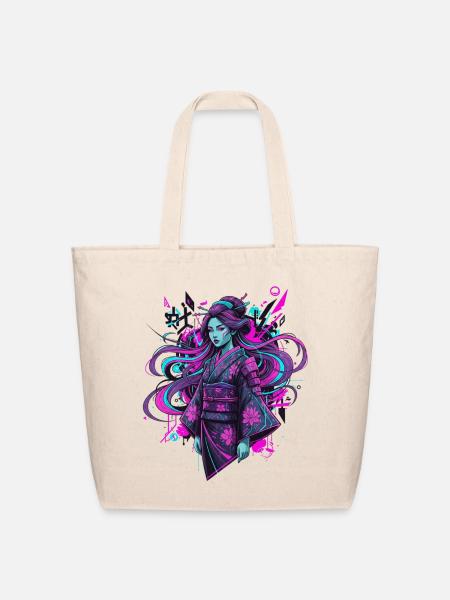 Neon Geisha in Cyber Kimono - Eco-Friendly Cotton Tote - natural